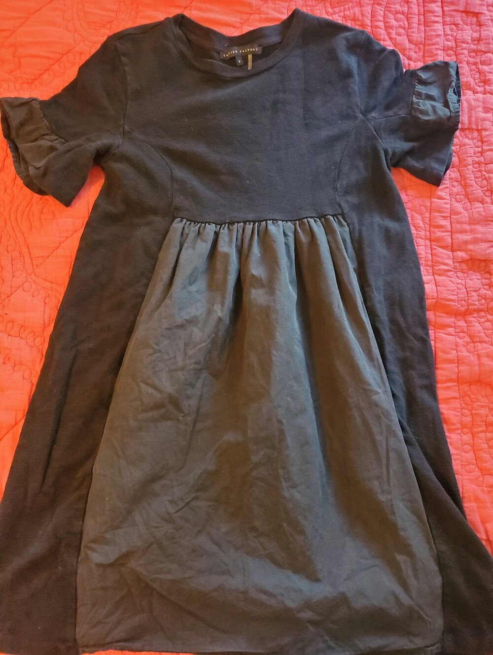 English Factory Black Ruffle-Sleeve Contrast Fabric Knit Dress